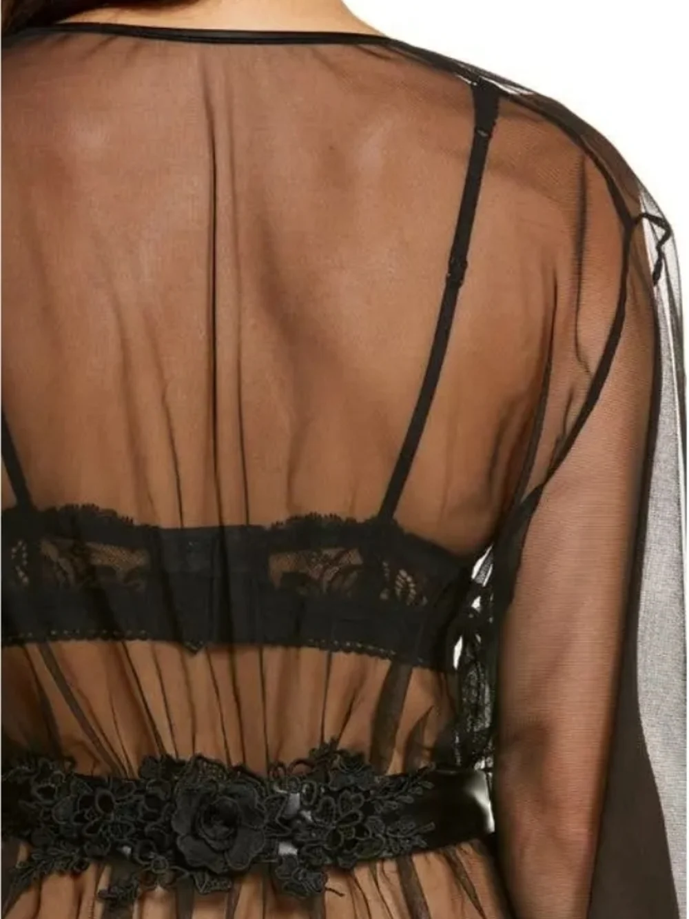 Sheer Black Mesh Kimono-Style Robe with Satin Tie